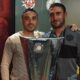 Qala Saints player Manwel Xerri and Żebbuġ Rovers goalkeeper Leonard Camilleri.